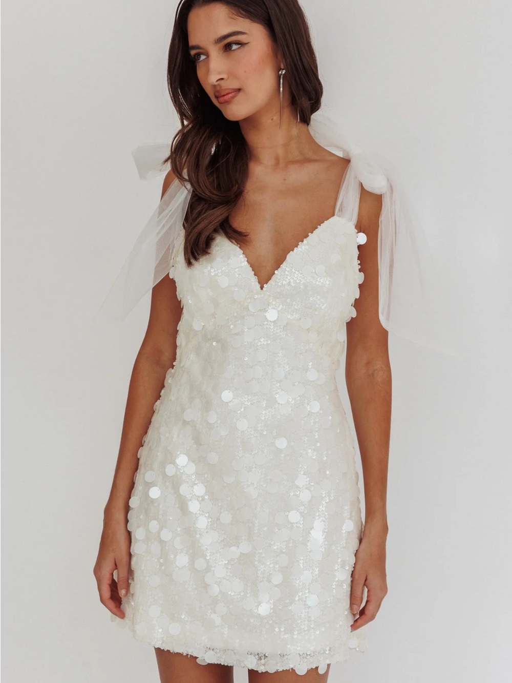 Mykonos Morning Tied Shoulder sequin mini dress white